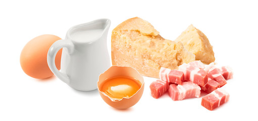 Ingredients for pasta carbonara sauce. Sliced bacon, cream, egg yolk and parmesan cheese isolated on white background