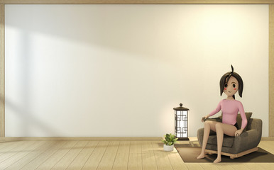 Cartoon girl on the sofa armchair with room interior japanese style. 3D rendering