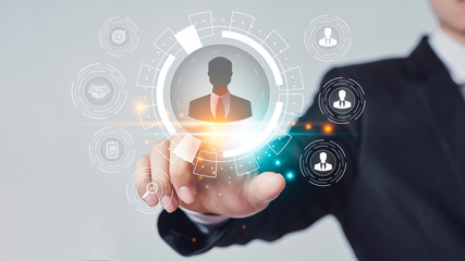 Human resources officer, recruitment personnel or business partners, and select employees, to work in the company. The concept of a team leader or a job evaluation center, Graphic icon with copy space