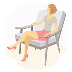 A beautiful lady is sitting in an armchair. The girl has a slim figure. The woman is resting. Vector illustration