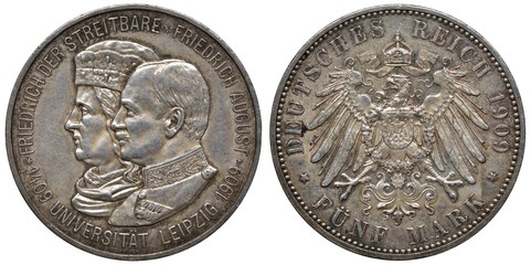 Naklejka premium Germany German Saxony Saxon silver coin 5 five mark 1909, subject University of Leipzig 500th Anniversary, conjoined busts of Kings Friedrich and Friedrich August left, imperial eagle,
