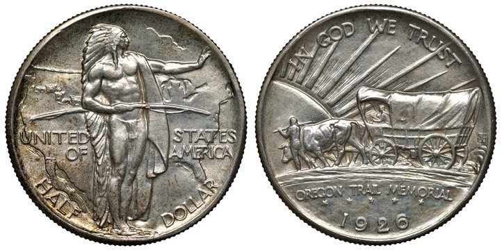 United States US Silver Coin 1/2 Half Dollar 1926, Subject Oregon Trail Memorial, Indian Chief With Bow In Front Of Map, Wagon Pulled By Bulls In Front Of Radiant Sun,