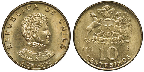 Chile Chilean coin 10 ten centesimos 1971, bust of Bernardo O’Higgins right, shield with star supported by deer and condor, plume above, 