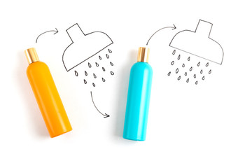 Shower and bath accessories, shampoo, conditioner, gel, body milk, towel. Daily hygiene routine