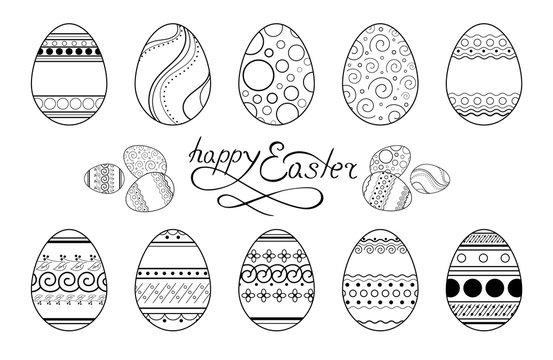 Set of vector decorative easter eggs. Flat outline image. Icons for easter products. Eggs with a minimalistic geometric pattern. Elements for textiles, packaging and backgrounds.