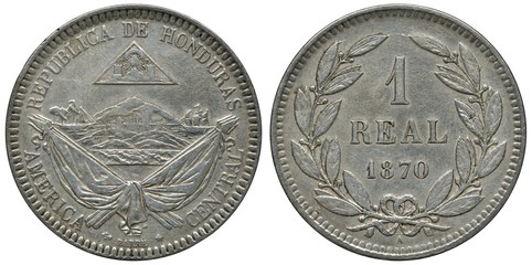 Honduras Honduran coin 1 one real 1870, city view between two ships above crossed flags, denomination and date within wreath,