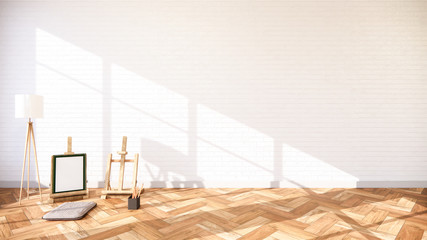 Empty - Living Room white brick wall Loft Style Interior Design. 3D Rendering