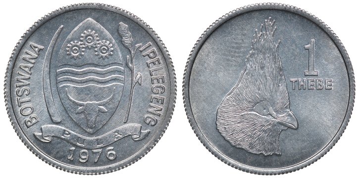 Botswana aluminum coin 1 one thebe 1976, arms, African shield above ribbon, head of Turako and denomination, 