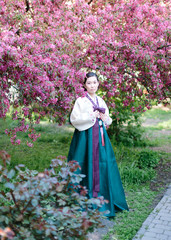 Obraz na płótnie Canvas Vertical frame of pretty woman in a traditional hanbok costume poses on camera standing in front of a large blossoming pink sakura tree