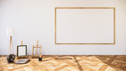 Empty - Living Room white brick wall Loft Style Interior Design. 3D Rendering
