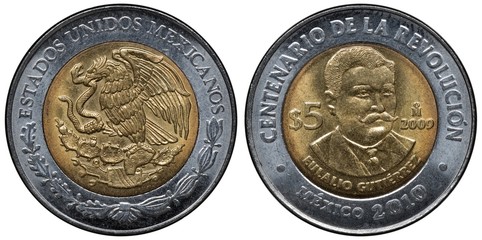 Mexico Mexican bimetallic coin 5 five pesos 2010, subject Mexican Revolution Centenary, eagle on cactus with snake in beak, bust of general Eulalio Guti&eacute;rrez Ortiz divides denomination