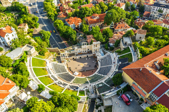 Aerial view by drone of Roman arena, Plovdiv, Bulgaria, Europe