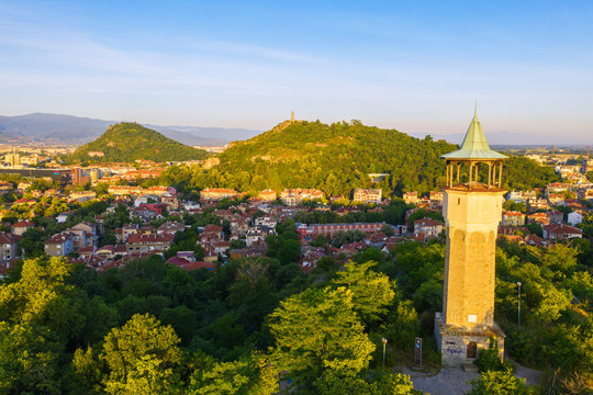 Aerial view by drone of Danov Hill with 16th century minaret style clock tower, Plovdiv, Bulgaria, Europe