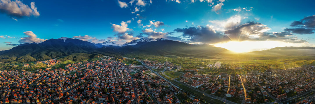 Aerial view by drone of Bansko and Pirin National Park, UNESCO World Heritage Site, Bankso, Bulgaria, Europe
