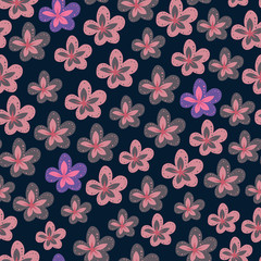 Cute pink flowers arranged on dark navy background. Doodle plants. Vector pattern. Seamless illustration. Fabric swatch.