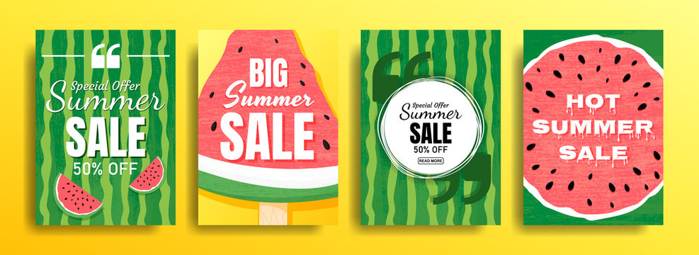 Set of empty templates with summer themes on a watermelon background. Design of advertising banners. Vector illustrations for websites and mobile websites, email design, posters, promotional materials
