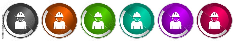 Aufkleber Engineer icon set, worker, manager, employe silver metallic chrome border vector web buttons in 6 colors options for webdesign