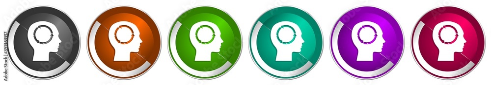 Poster Head icon set, silver metallic chrome border vector web buttons in 6 colors options for webdesign
