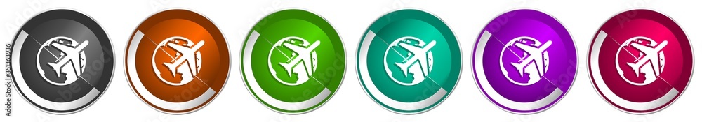 Poster Travel icon set, silver metallic chrome border vector web buttons in 6 colors options for webdesign