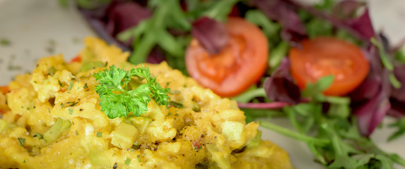 Healthy vegan cuisine - scrambled eggs with avocado - close up - banner design