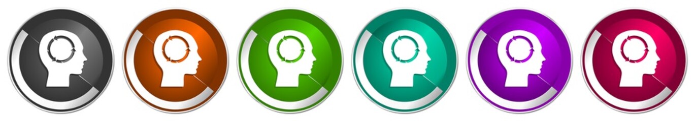 Head icon set, silver metallic chrome border vector web buttons in 6 colors options for webdesign