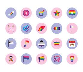 megaphone and LGBT pride icon set, block style