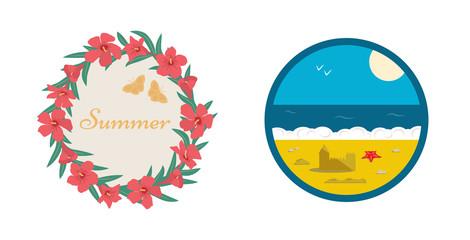 Bright round icons about summer, flowers, beach, sea and sun