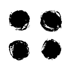 Vector set of freehand circle brush strokes. Abstract black elements, isolated on white background. Ink splashes with grunge texture