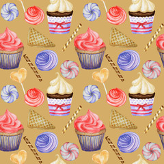 Watercolor Seamless pattern. Red Blue Sweet deserts with Cream and biscuit, waffle, cake, cupcake, berries. Hand drawn delicious food illustration on beige background. Fabric texture design concept