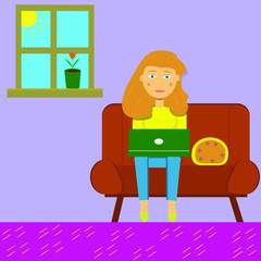 Blond girl work at home. Comfort self isolation. Lady sitting at the laptop. Young woman do her job online. Work during the quarantine. Stay home. Flower on the windowsill. Vector illustration.