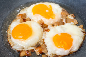 Fried eggs with bacon in a pan