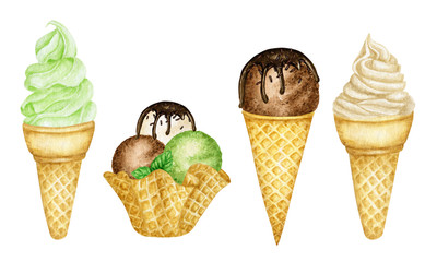 Various ice cream scoops decorated with chocolate in waffle cone. Watercolor illustration isolated assorted balls of vanilla, chocolate, green pistachio ice-cream in waffles