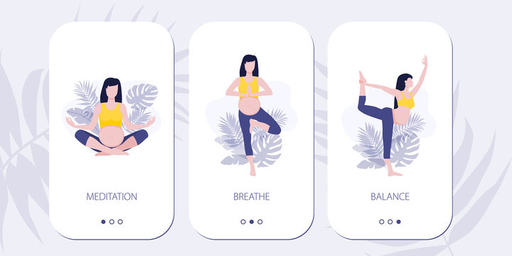 Vector mobile site or mobile app onboarding screens for yoga lovers. Yoga asana poses for woman expecting a baby. Healthy pregnance concept. Pregnant woman doing yoga exercises and yoga poses.
