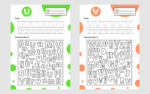 Set Trace Letter Worksheet A4 For Kids Preschool And School Age. Game For Children. Find And Color.