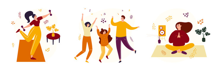 A set of three illustrations on the topic of home activity or quarantine activity on self-isolation. Home yoga dancing with the whole family home gymnastics. The concept of an active lifestyle
