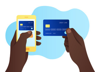 hands with a smartphone with a banking app on the screen and a credit card. concept for online banking, electronic money, and phone payments. vector isometric flat illustration