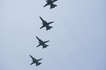 Russian military aircraft flies over the city
