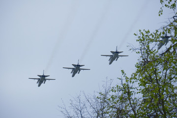 Russian military aircraft flies over the city