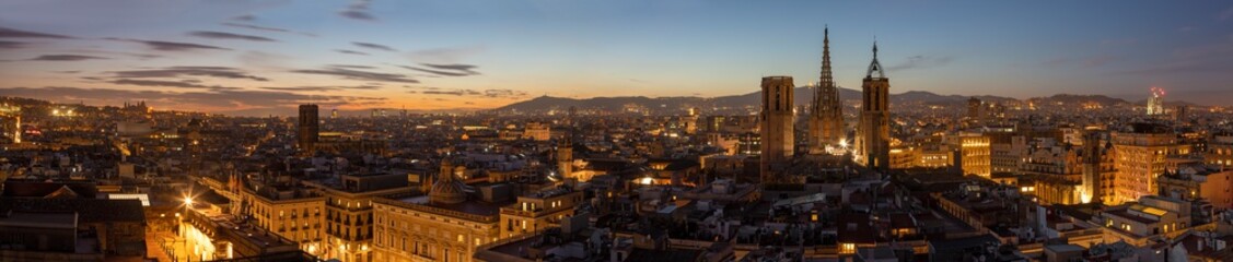 Barcelona - The panorma of the city with the old Cathedral in the centre at eveningdusk.