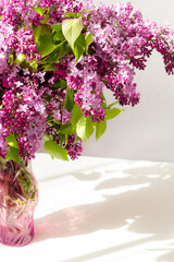 Purple lilac bouquet in vase. Spring flowers. Natural lght from window. Copy space.