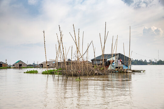 Vietnam, Cần Thơ, B&igrave;nh Thủy, Zu Besuch bei den Fischz&uuml;chtern von fliegenden Fischen auf der Insel Con Son (Cồn Sơn, B&ugrave;i Hữu Nghĩa,) in der N&auml;he von Cần Thơ der gr&ouml;&szlig;te Stadt im Mekong-Delta und gleichzeitig die Hauptstadt des Mekong Delta. Mit dem Boot geht es &uuml;ber einen Seitenarm des Mekong auf die Insel. Schwimmende H&auml;user auf dem Wasser. Wohnungen der Fischer., &Auml;ste-Gestell und Fischer-H&auml;user auf dem Mekong