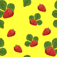 Background element. Template. Strawberry and green leaf. Pattern. Yellow background.