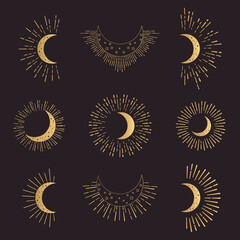 Hand Drawn Gold Half Moon with Sunburst. Golden Moon Collection
