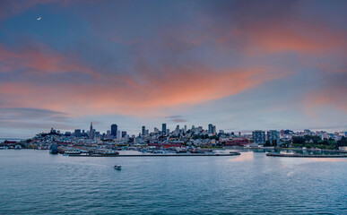 The skyline of San Francisco just before sunrise