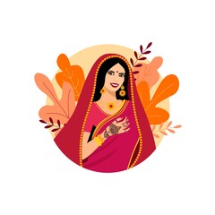 Beautiful Indian brunette young woman in sari. Hands with mehndi pattern. Decorated beautiful leaves. Indian woman with foliage elements