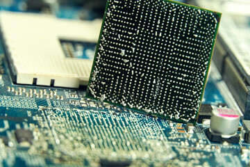 close up of BGA ball grid array technology footprint on electronic board, macro