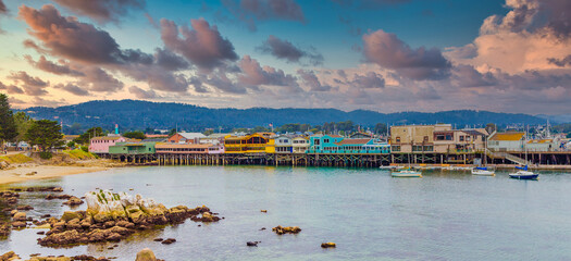 Colorful buildings on the old boardwalk in Monterey California - obrazy, fototapety, plakaty