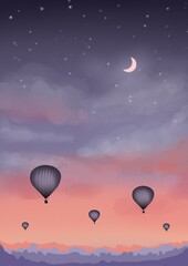 Beautiful sky with balloons. Star, lovely clouds and crescent moon with mountains landscape.