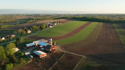Fotobehang Aerial view of american countryside landscape. Farm, red barn, cows. Rural scenery, farmland. Sunny morning, spring summer season © alenamozhjer