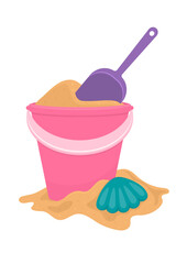 Bucket full of sand witj shovel and shell toy. Equipment for children sensory, motor skills, creativity and imagination development games.